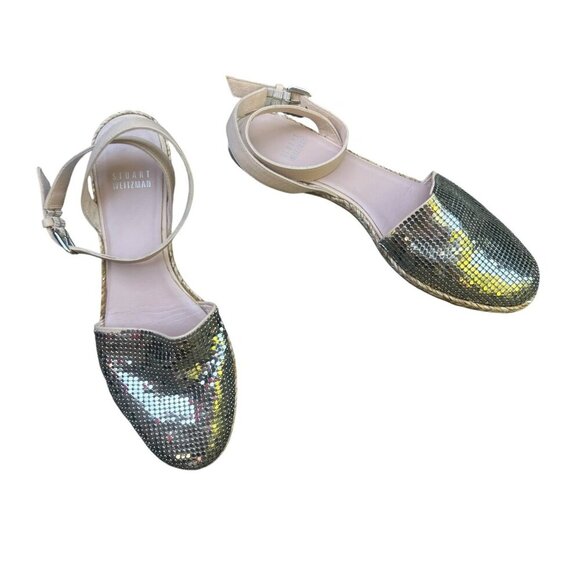 Stuart Weitzman Roman Mail Armor Metallic Silver Ankle Strap Flats Size 6.5 M - Picture 1 of 9